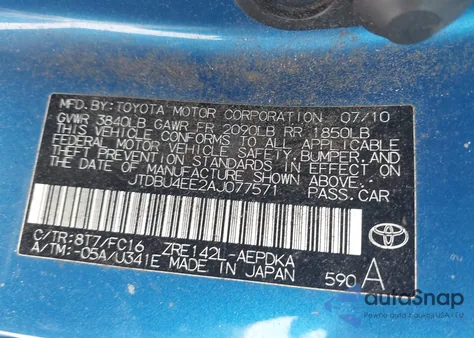 2010 Toyota Corolla Le from USA, damaged, VIN JTDBU4EE2AJ077571